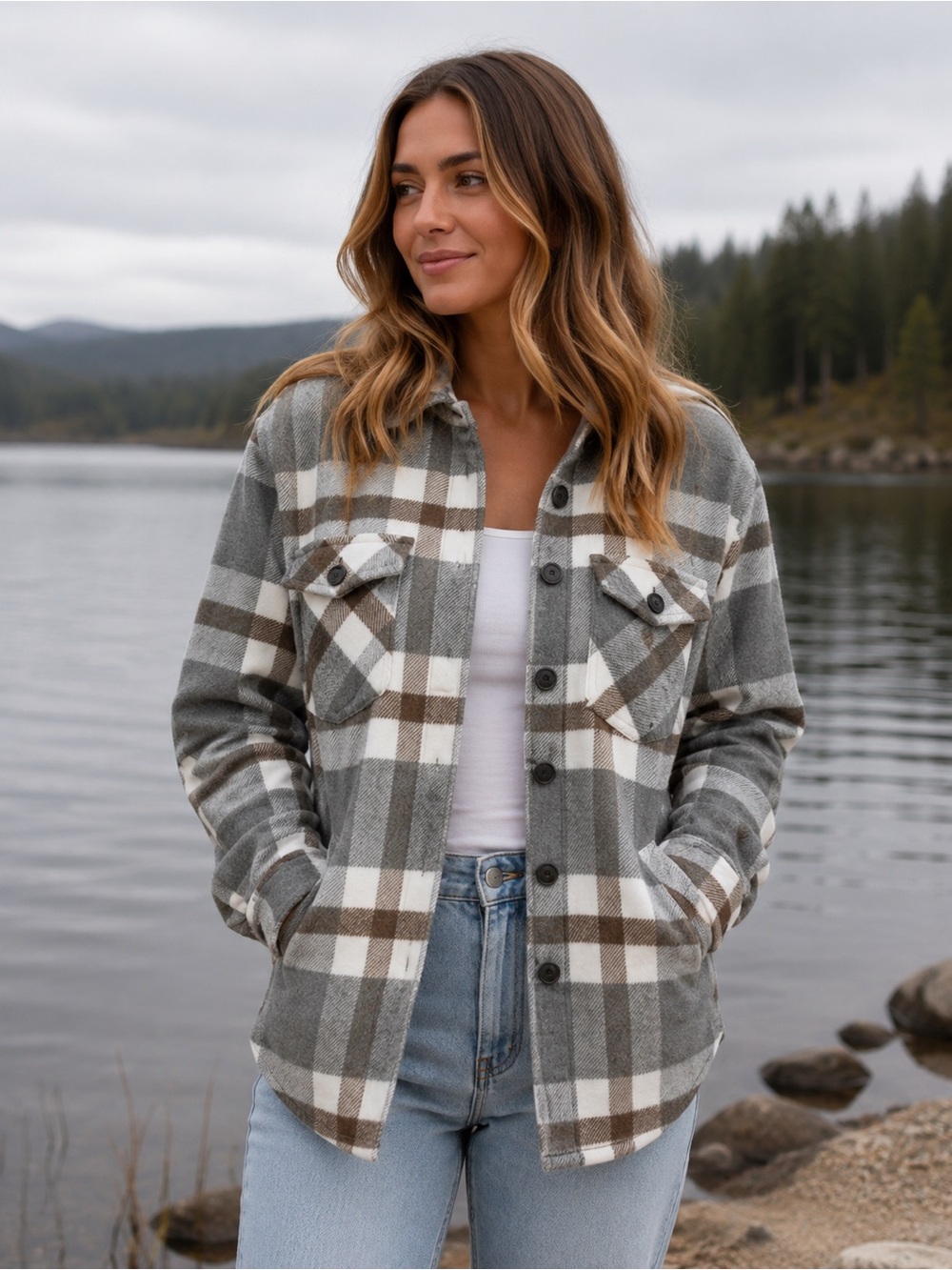 Flannel Plaid Button Up Jacket with Pockets Size M